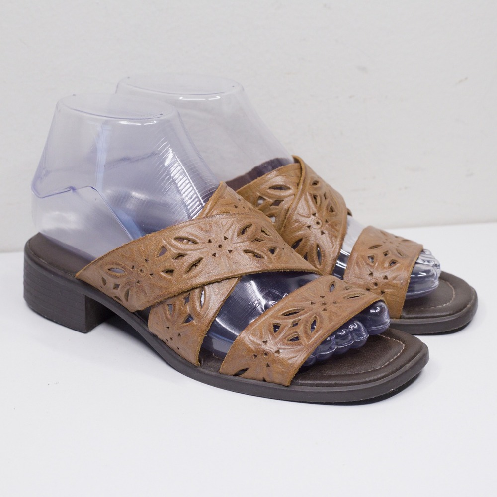 BASIC EDITIONS VTG 90s Leather Cutout Floral Slide Sandals Boho Brown Sz 6.5